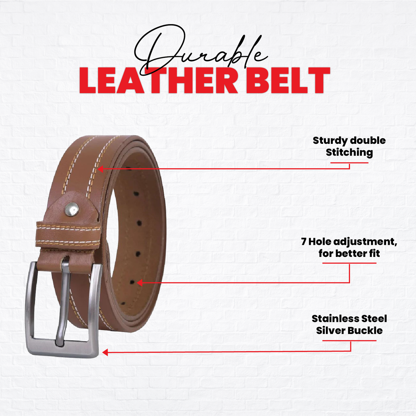 Men’s Classic Full-Grain Leather Belt – Stitched Brown Casual Belt with Metal Buckle