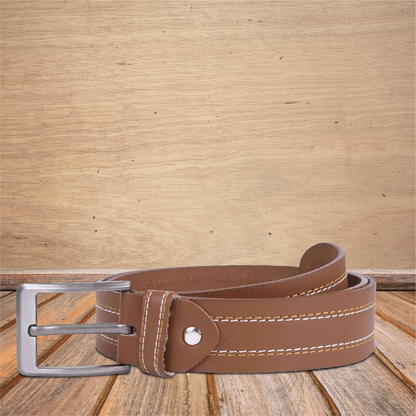 Men’s Classic Full-Grain Leather Belt – Stitched Brown Casual Belt with Metal Buckle