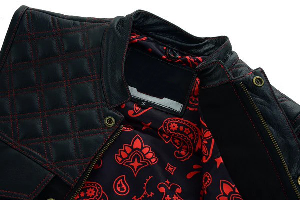 Black Denim & Leather Motorcycle Club Vest with Red Thread, Zipper Front and Diamond Padding for Men