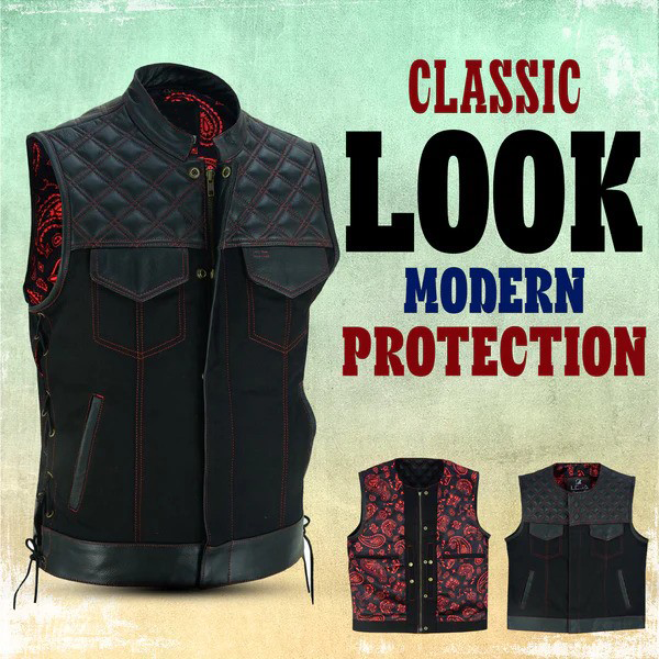 Black Denim & Leather Motorcycle Club Vest with Red Thread, Zipper Front and Diamond Padding for Men