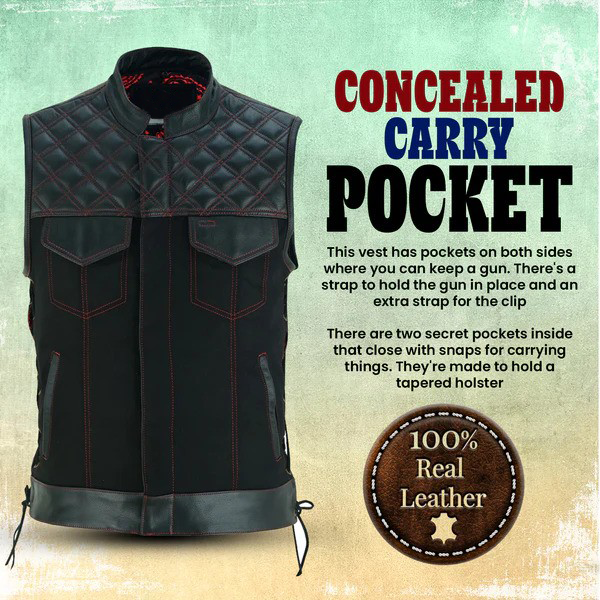 Black Denim & Leather Motorcycle Club Vest with Red Thread, Zipper Front and Diamond Padding for Men