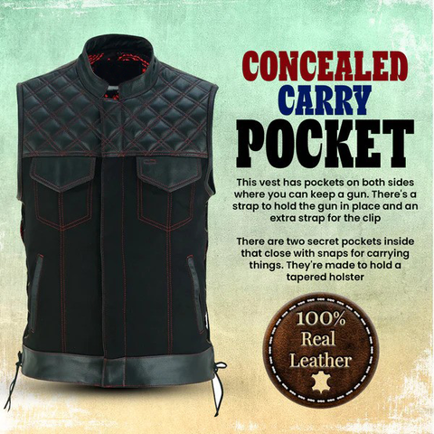 Black Denim & Leather Motorcycle Club Vest with Red Thread, Zipper Front and Diamond Padding for Men