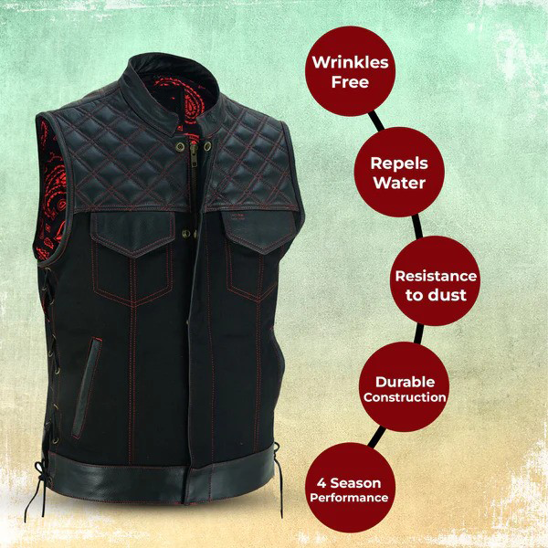 Black Denim & Leather Motorcycle Club Vest with Red Thread, Zipper Front and Diamond Padding for Men