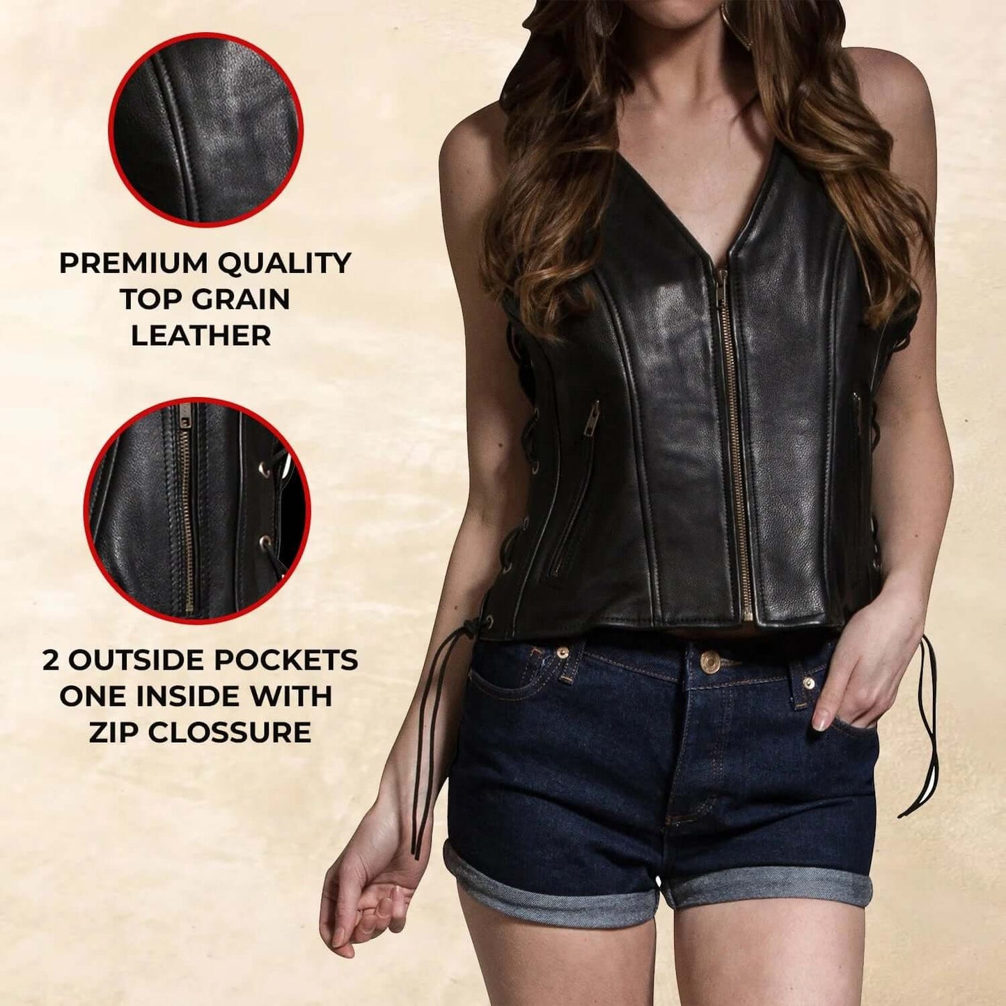 New Womens Ladies Classical Biker Real Cowhide Leather Waistcoat Vest